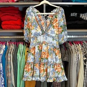 The Clothing Company blue/orange floral puff sleeve back lace up dress size L